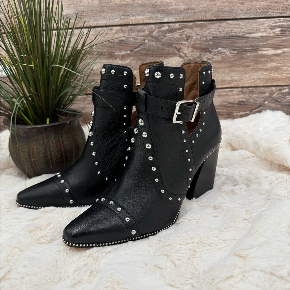 Antonio Melani Black Leather Block Heel Studded Ankle Boots with Buckle closure - Picture 5 of 16